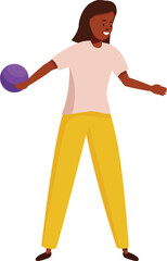 Young woman is throwing a ball with a smile on her face