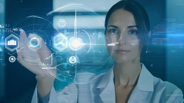 Young girl manager businesswoman interacts with AI AR holographic interface UI science research female scientist modern technology lab VR virtual reality artificial intelligence network IT specialist