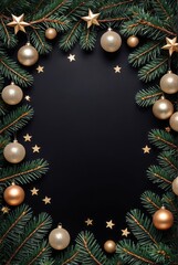 Christmas wreath frame, pine branches, golden baubles, stars, festive decoration, dark background, elegant holiday design, minimalistic style, high contrast, cozy atmosphere
