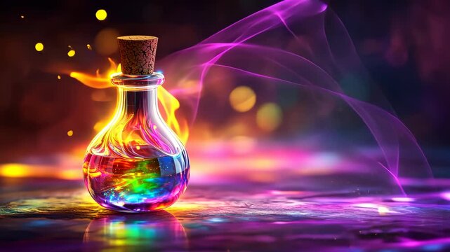 Colorful potion bottle with swirling mist on