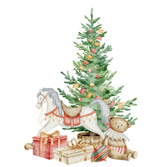 Christmas tree with baby Toys and gift boxes watercolor illustration. Illustration of fir evergreen tree with rocking Horse, teddy bear and presents for childish greeting cards or kids invitations.