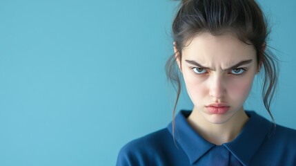 Fototapeta premium Portrait of a young woman with a serious expression, isolated on a blue background, space for text