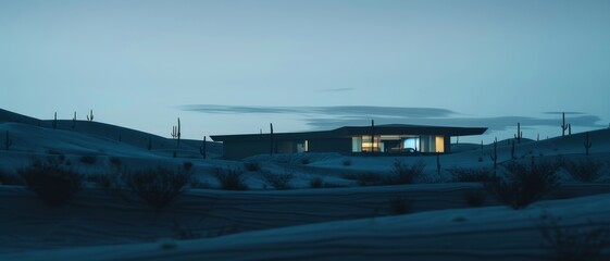 Obraz premium A solitary modern house with a warm glow stands quietly in a vast, moonlit desert landscape, surrounded by cacti and low shrubs.