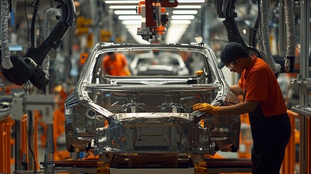 A worker inspecting a car's chassis on the assembly line, surrounded by state-of-the-art machinery and robotic systems