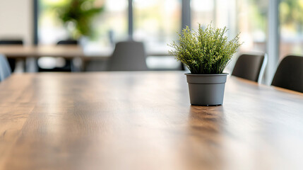 Fototapeta premium A Small Potted Plant on a Wooden Table in a Bright Modern Office