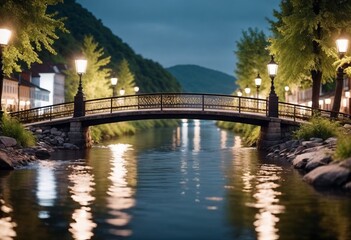 Romantic evening view of a bridge over a river, glowing street lamps reflecting on water