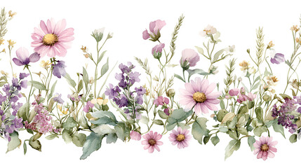 Watercolor floral border with purple and pink wildflowers, hand-painted flower arrangement, botanical garden illustration, nature-inspired art, delicate flower pattern, artistic floral design
