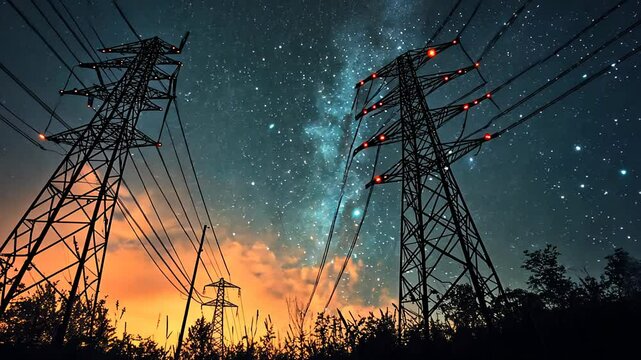 Electricity transmission towers with orange glowing wires the starry night sky. Energy infrastructure concept, energy, electricity, voltage, supply