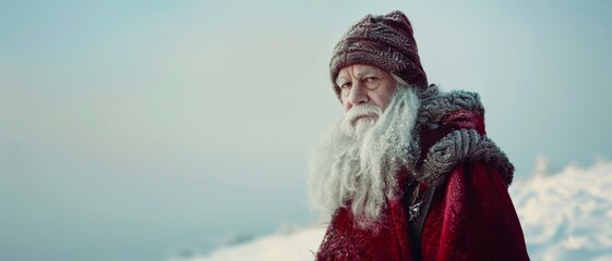 An elderly man in a red coat and a knitted hat stands in the snow, gazing intensely into the distance on a cold winter's day.