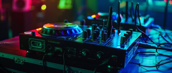 A brightly lit DJ mixer and sound equipment on a desk, accentuated by multi-colored lights,...