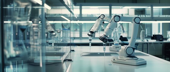 Robotic arms line a high-tech laboratory, reflecting a pristine, sterile environment ready for scientific exploration and experimentation.