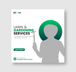 Lawn and gardening or landscaping service social media post and web banner template