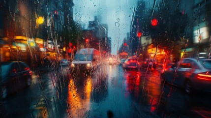 Rainy Day in City with Car Driving on Wet Road Blurred Traffic Lights