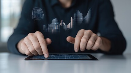 Man is using a tablet to draw a graph. Concept of focus and concentration as the man carefully points at the screen. The tablet is likely a tool for financial analysis or data visualization