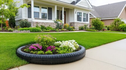 Obraz premium Creative Tire Planter in a Beautiful Garden Setting