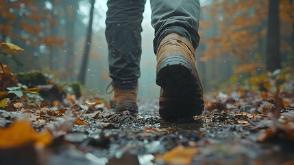 Feet Walking on a Forest Trail During Autumn