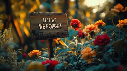 A wooden sign with the words "Lest We Forget" is placed among colorful flowers, symbolizing remembrance and honoring those who served.