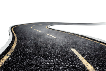 Curved asphalt road, isolated on transparent cutout background