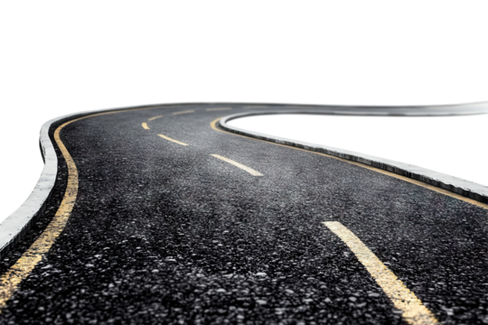 Curved asphalt road, isolated on transparent cutout background