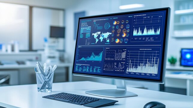 Artificial intelligence-driven healthcare analytics displayed on a large monitor in a modern clinic