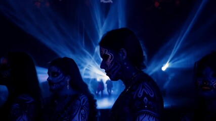 Horizontal video, Halloween party, nightclub, masquerade event, people with face paint