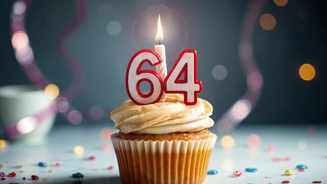 Birthday cupcake with burning lit candle with number 64. Number sixty-four for sixty-four years or sixty-fourth anniversary.