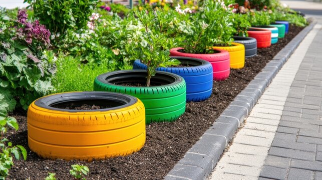 Colorful Tire Planters in a Garden Setting
