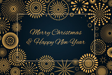 Golden fireworks 2025 Happy New Year, bright frame on dark background, with text. Flat style vector illustration. Abstract geometric design. Concept for holiday greeting card, poster, banner, flyer