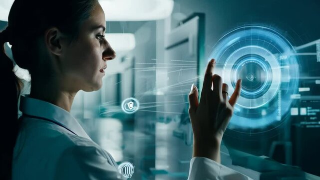 Young girl manager businesswoman interacts with AI AR holographic interface UI science research female scientist modern technology lab VR virtual reality artificial intelligence network IT specialist