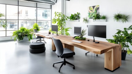 Fototapeta premium Modern Office with Green Plants and Wooden Desk