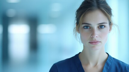 Serious young nurse or healthcare professional looking directly at the camera in a clinical environment