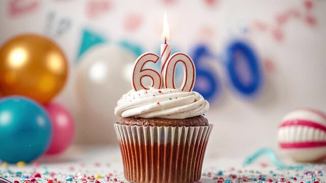 Birthday cupcake with burning lit candle with number 60. Number sixty for sixty years or sixtieth anniversary.