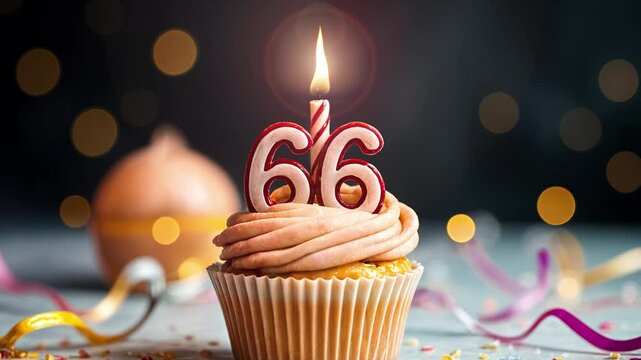 Birthday cupcake with burning lit candle with number 66. Number sixty-six for sixty-six years or sixty-sixth anniversary.
