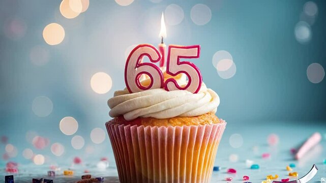 Birthday cupcake with burning lit candle with number 65. Number sixty-five for sixty-five years or sixty-fifth anniversary.