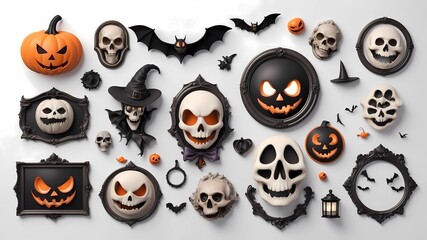 Fototapeta premium Multiple stickers featuring scary Halloween symbols with vintage frames 3D