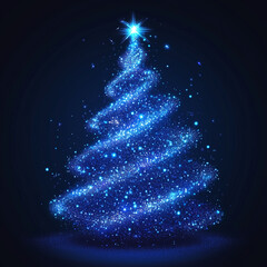A spiraling Christmas tree made of blue sparkling particles with a bright star, symbolizing festive joy and modern holiday celebrations in digital art.