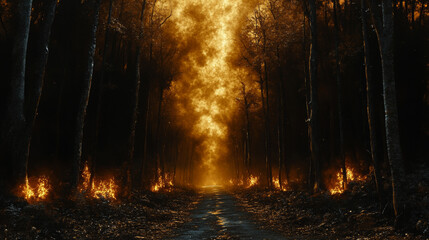 Obraz premium A path through a forest engulfed in flames.