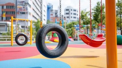 Colorful Playground with Tire Swing and Play Equipment