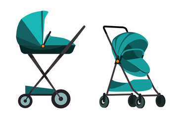 Baby pram set. Two carriage for newborn and child. Baby aquamarine strollers for boy or girl. Cute modern kids transport. Flat vector illustration isolated on transparent background.