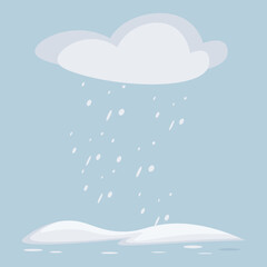 Winter snow background. Christmas classic holiday flat vector illustration in blue colors. Falling snowflakes, clouds and snowdrifts. Season festive postcard, banner, poster.