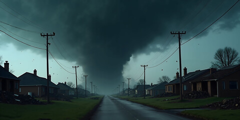 Lightning strike with fire in distant village during storm