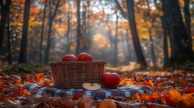 asket of Fresh Apples in Leaf-Covered Autumn Forest