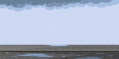 Rain with clouds and puddles on road. Rainy weather background. Falling water drops. Nature rainfall. Autumn or spring rainy day. Flat vector illustration.