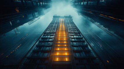 A tall building with warm lights against a dark, misty city sky.