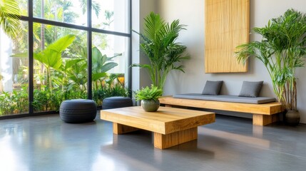 Fototapeta premium Modern Living Room with Natural Elements and Greenery