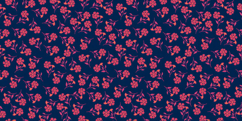 Seamless Red Floral Pattern with Dark Purple Background