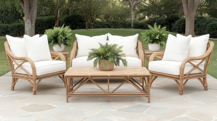 Fototapeta premium Rattan Patio Furniture Set with White Cushions and Ferns