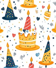 Pattern with birthday cakes and party hats