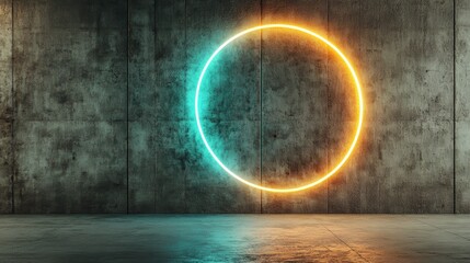 Abstract Glowing Neon Circle on Concrete Wall