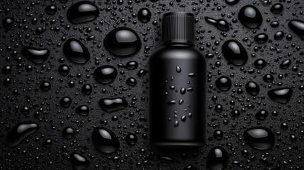 Black Bottle Mockup with Water Droplets on Dark Background